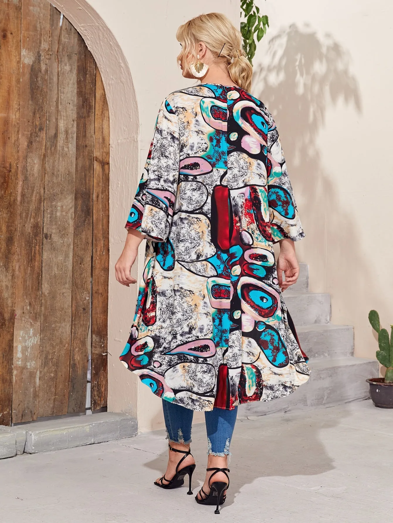 All Over Print High Low Three Quarter Length Sleeve Round Neck Asymmetrical Long Plus Size Blouse