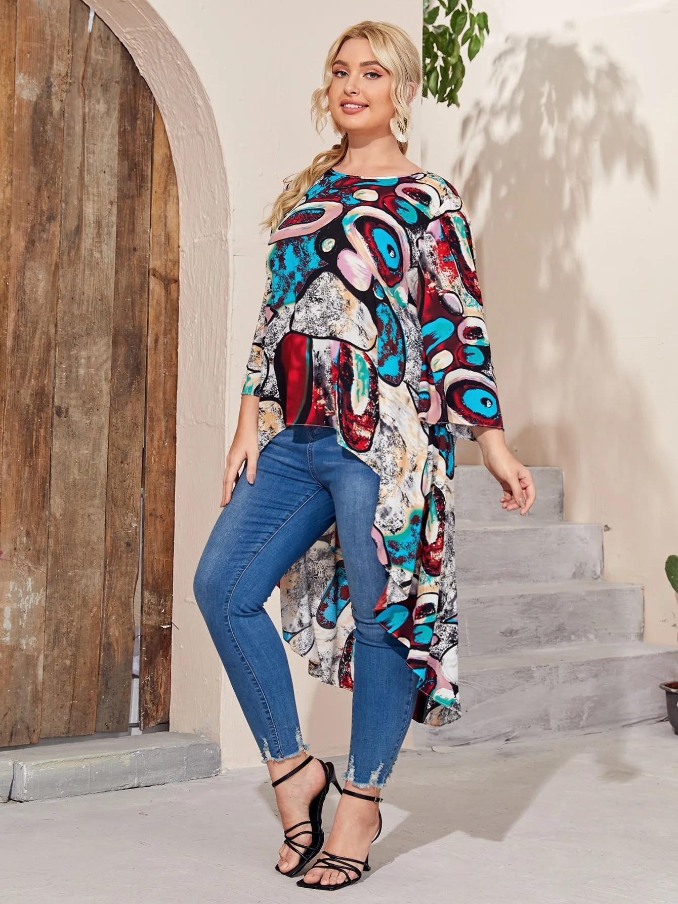All Over Print High Low Three Quarter Length Sleeve Round Neck Asymmetrical Long Plus Size Blouse