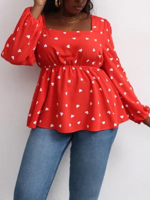 All Over Print Ruffle Hem Long Sleeve Square Neck Flared Regular Plus Size Blouse