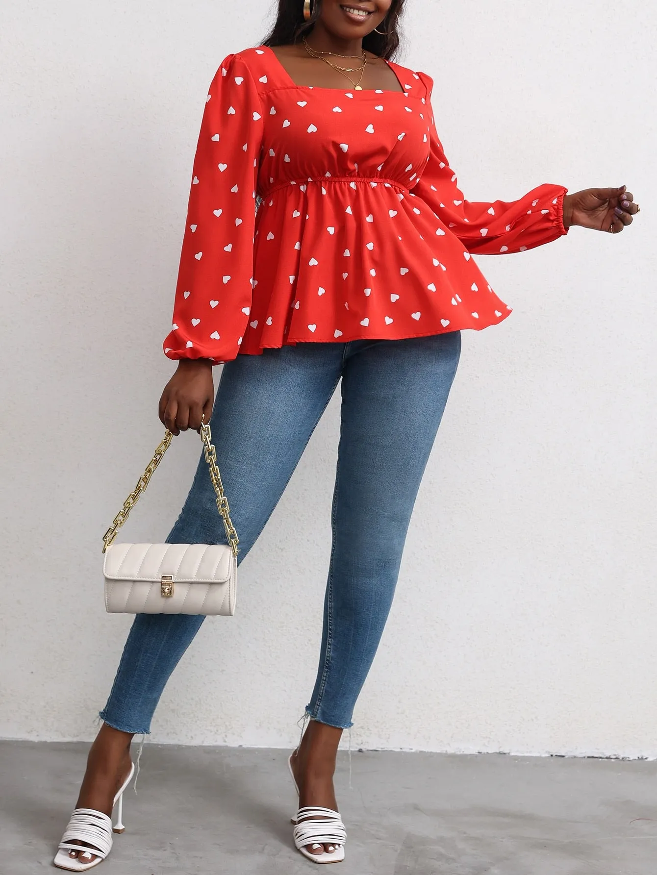 All Over Print Ruffle Hem Long Sleeve Square Neck Flared Regular Plus Size Blouse