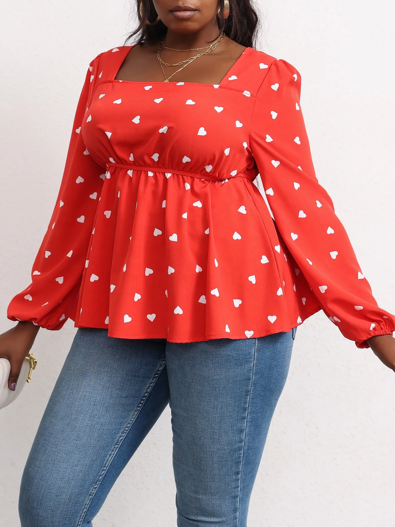 All Over Print Ruffle Hem Long Sleeve Square Neck Flared Regular Plus Size Blouse