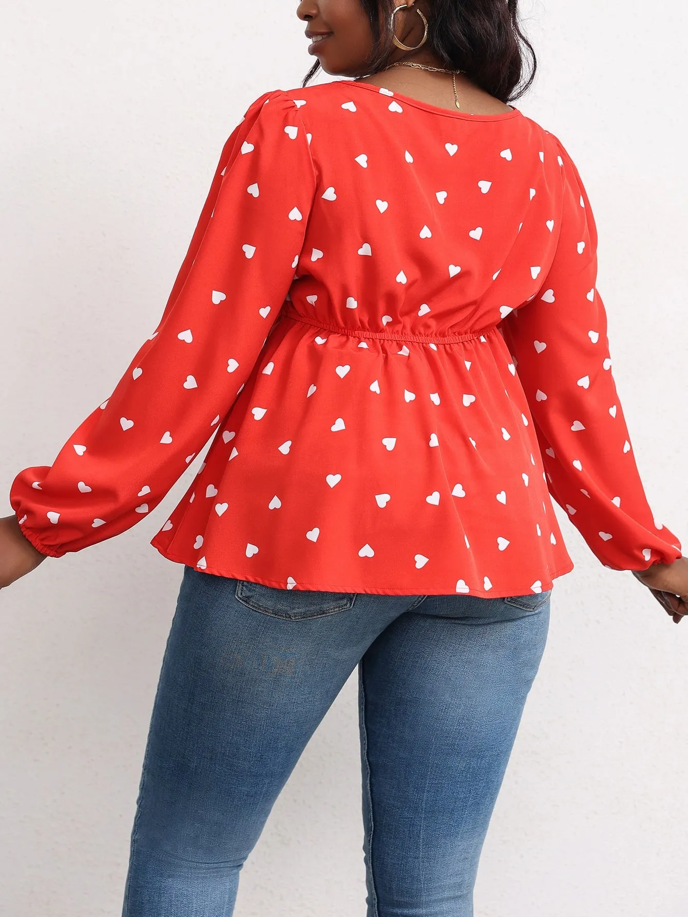 All Over Print Ruffle Hem Long Sleeve Square Neck Flared Regular Plus Size Blouse