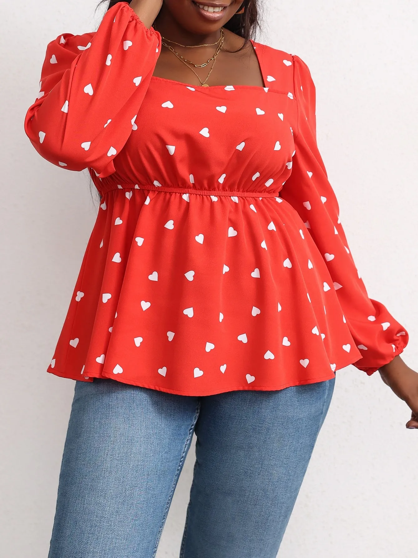 All Over Print Ruffle Hem Long Sleeve Square Neck Flared Regular Plus Size Blouse