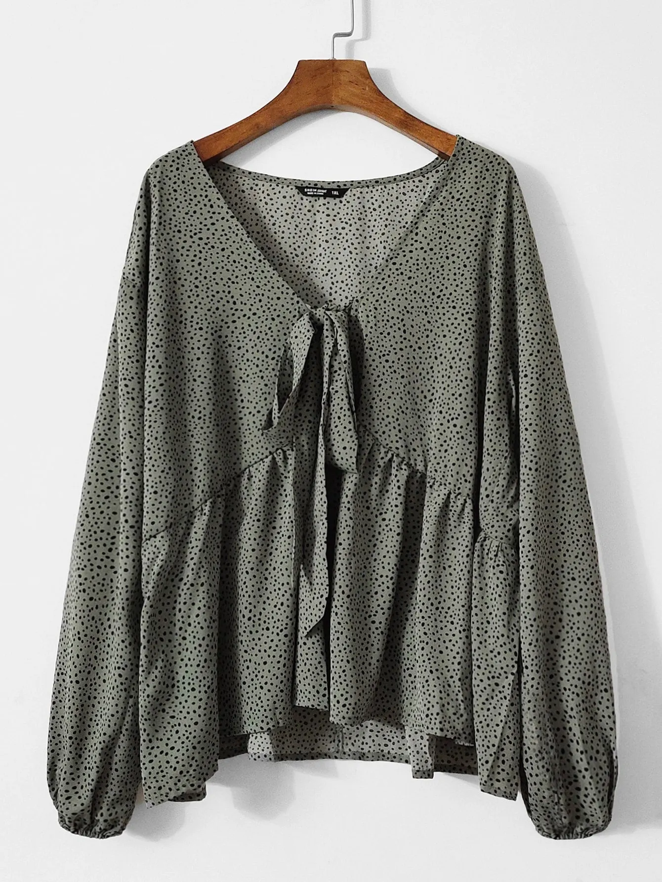 All Over Print Tie Front Long Sleeve V Neck Regular Plus Size Blouse