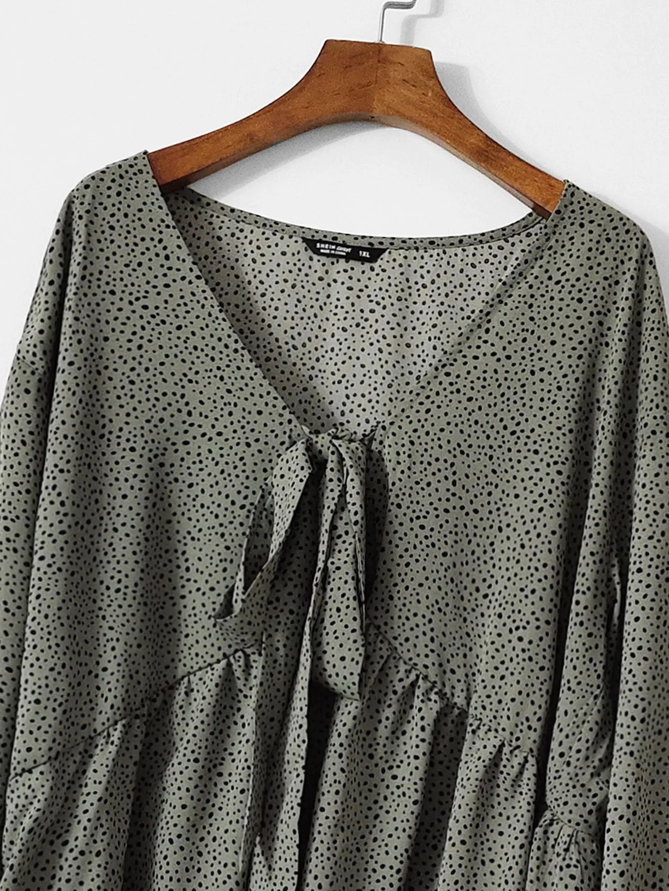 All Over Print Tie Front Long Sleeve V Neck Regular Plus Size Blouse