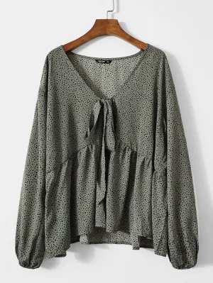All Over Print Tie Front Long Sleeve V Neck Regular Plus Size Blouse