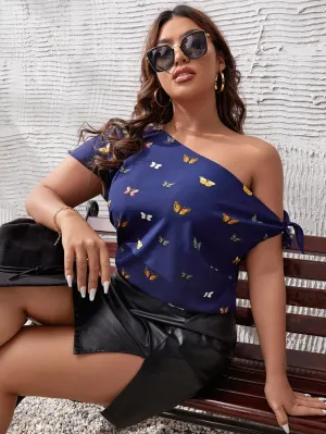 Animal Knot Short Sleeve Asymmetrical Neck Regular Plus Size Blouse