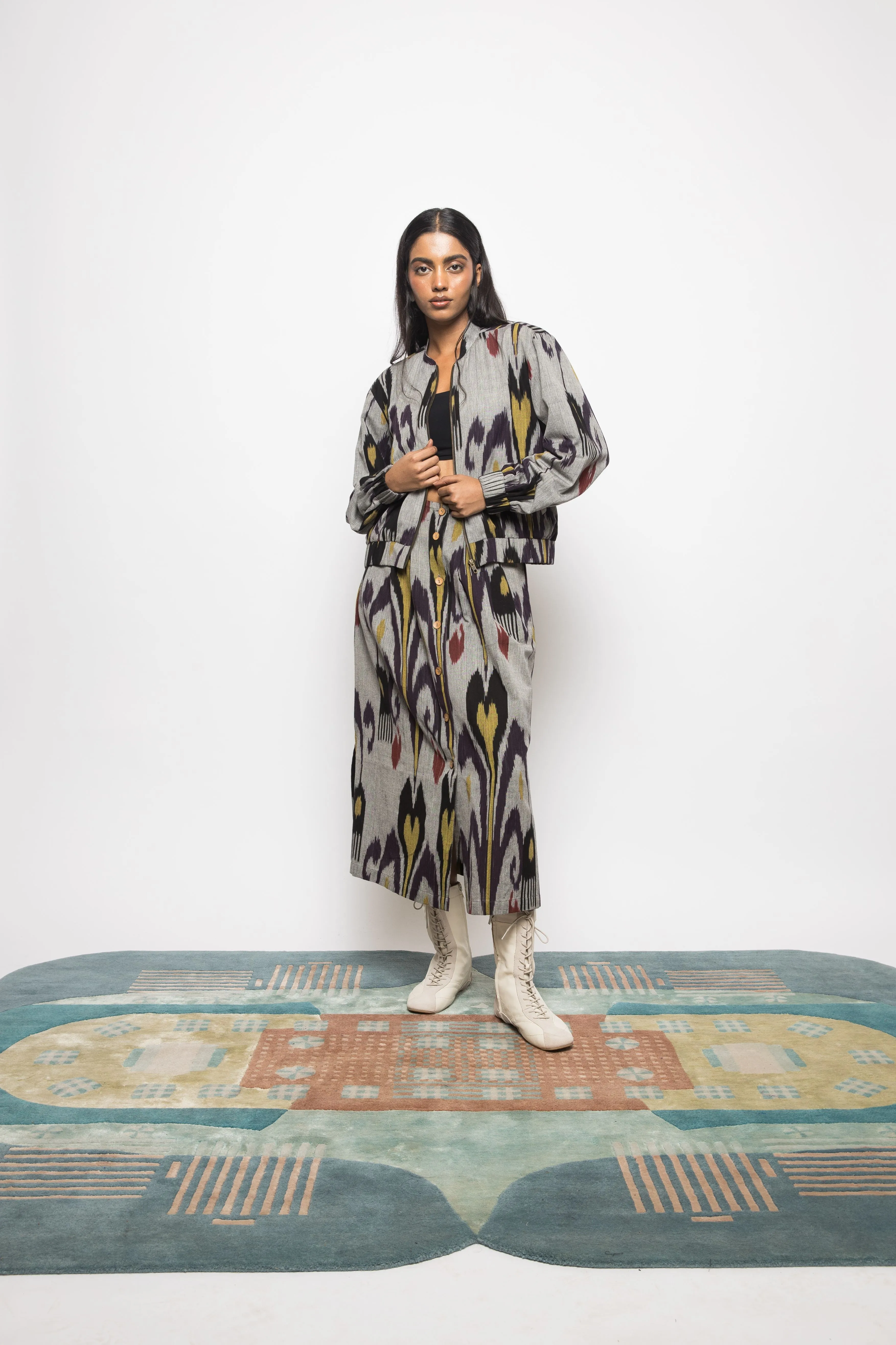Anushé Pirani Handwoven Cotton Ikat Women's Grey Skirt