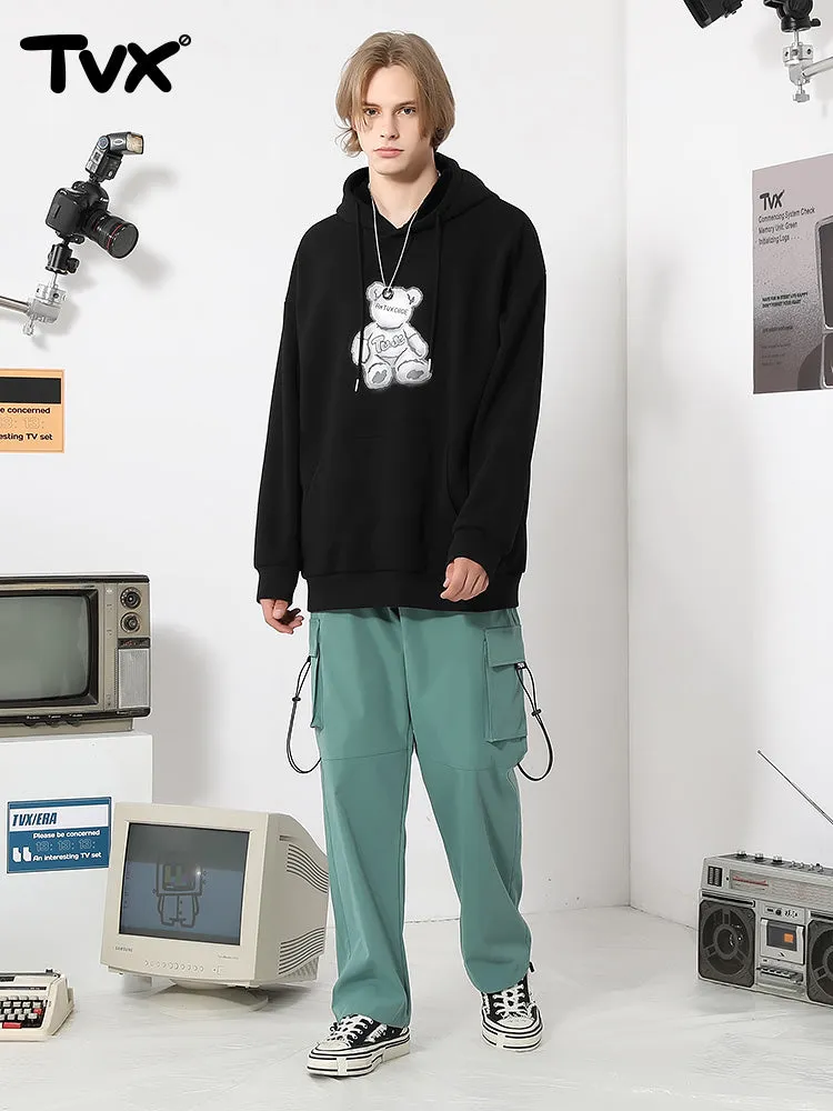 Black Cartoon Bear Print Loose Hoodies
