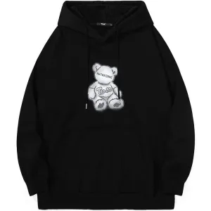 Black Cartoon Bear Print Loose Hoodies