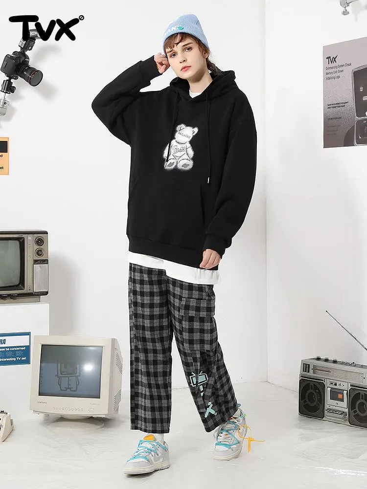 Black Cartoon Bear Print Loose Hoodies