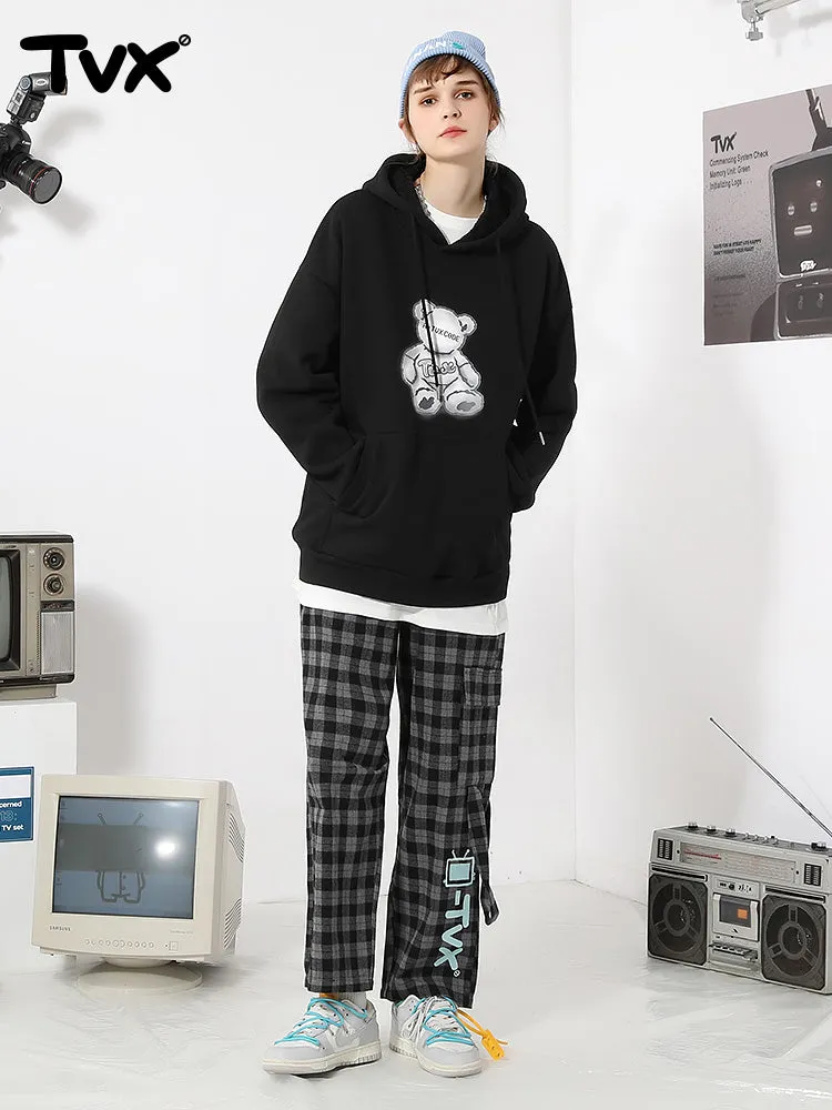 Black Cartoon Bear Print Loose Hoodies