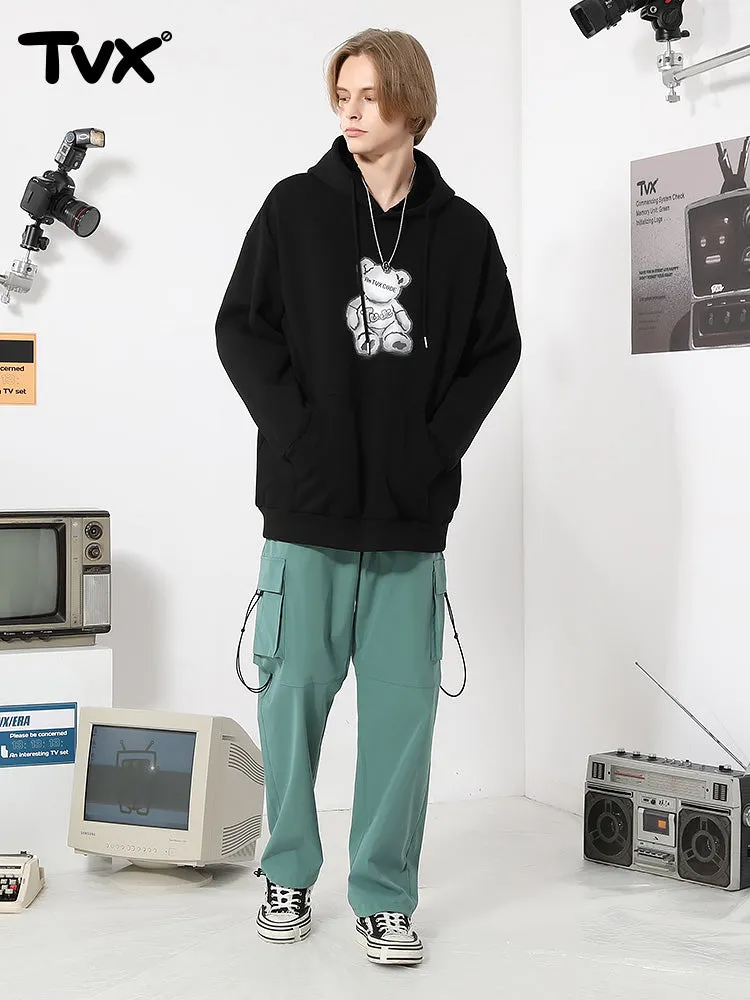 Black Cartoon Bear Print Loose Hoodies