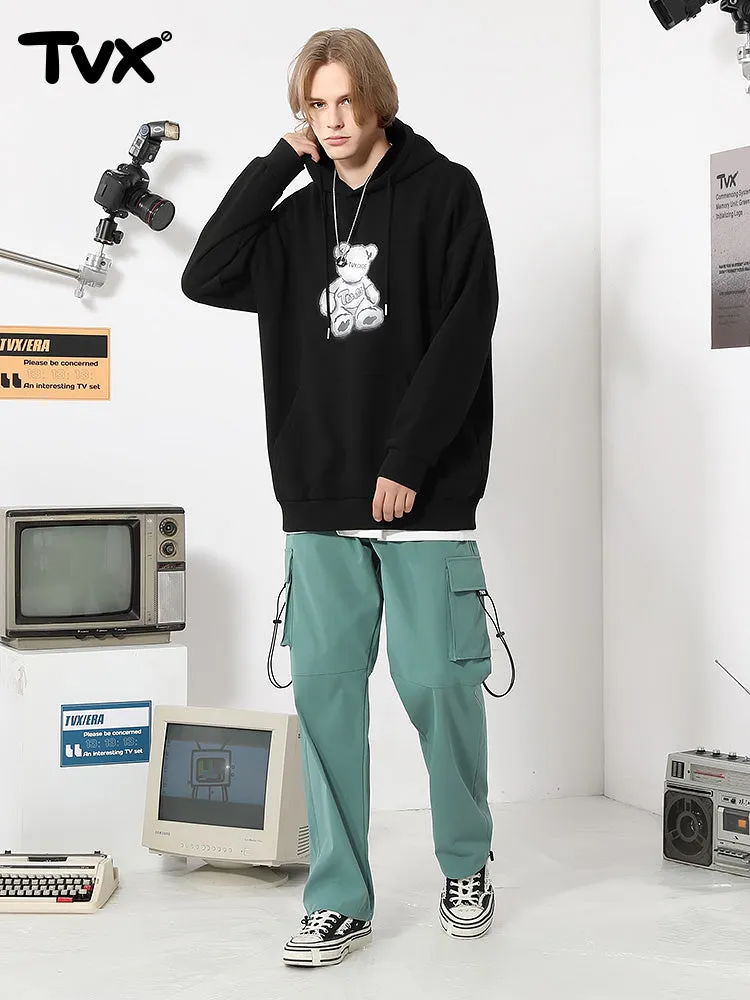 Black Cartoon Bear Print Loose Hoodies