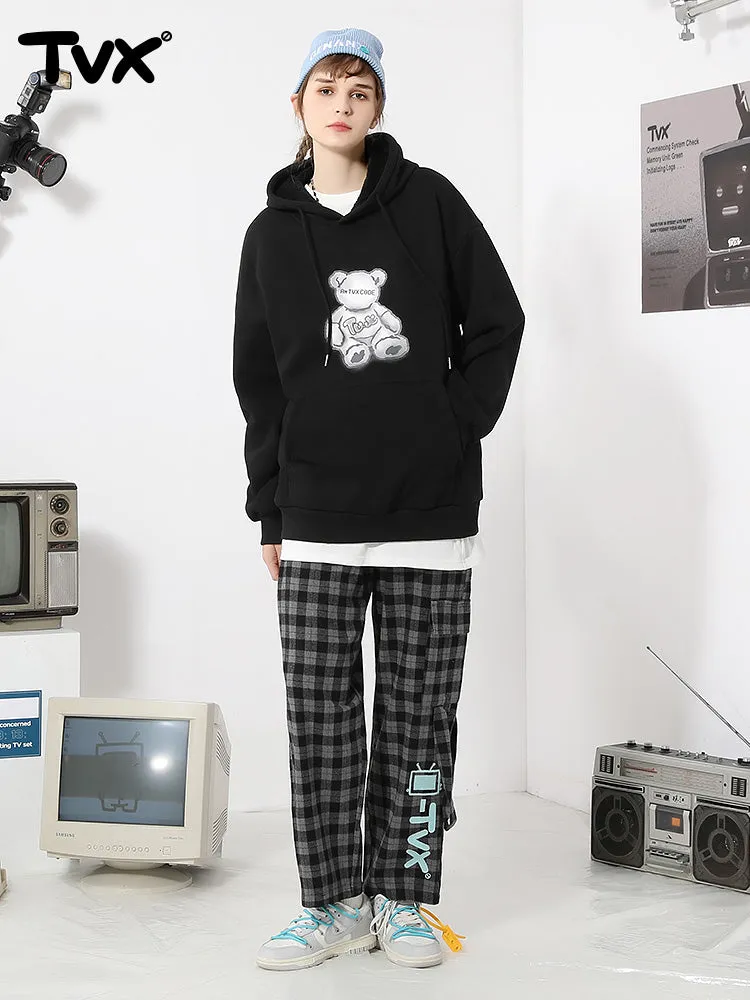 Black Cartoon Bear Print Loose Hoodies