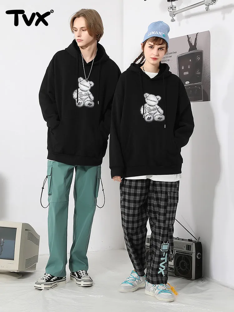 Black Cartoon Bear Print Loose Hoodies