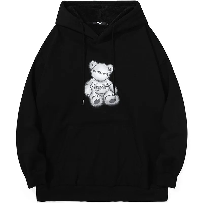 Black Cartoon Bear Print Loose Hoodies