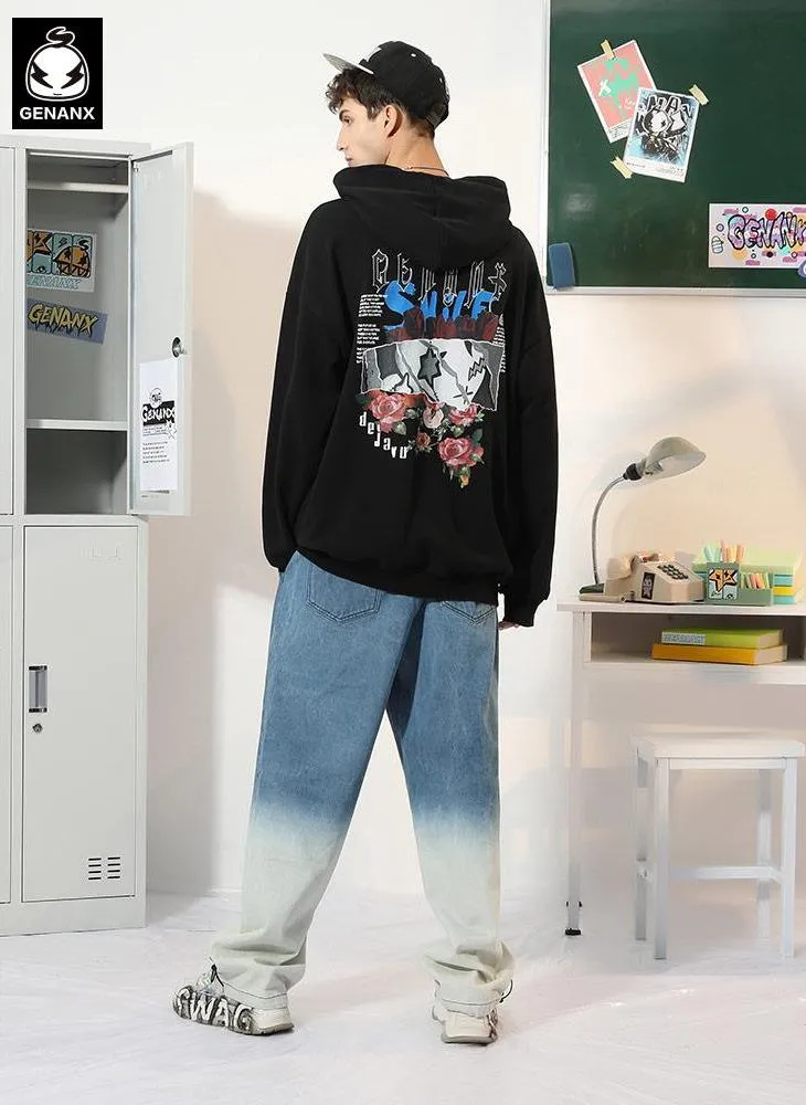 Cartoon Print Pocket Drop-Shoulder Sleeve Hoodies