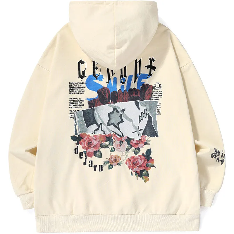 Cartoon Print Pocket Drop-Shoulder Sleeve Hoodies