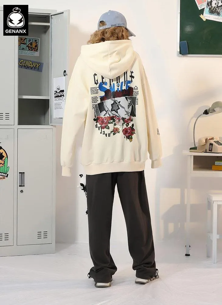 Cartoon Print Pocket Drop-Shoulder Sleeve Hoodies