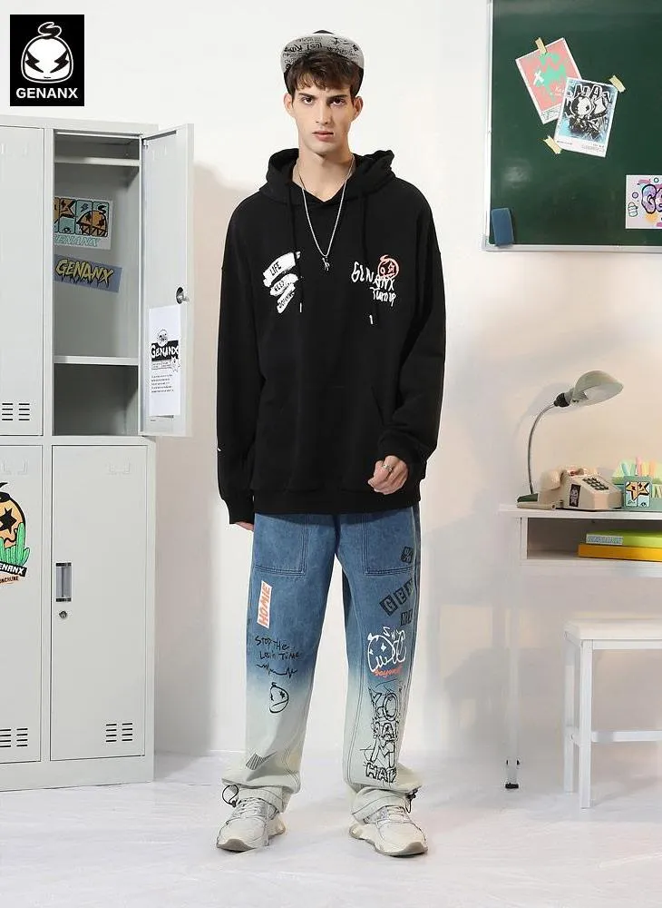 Cartoon Print Pocket Drop-Shoulder Sleeve Hoodies