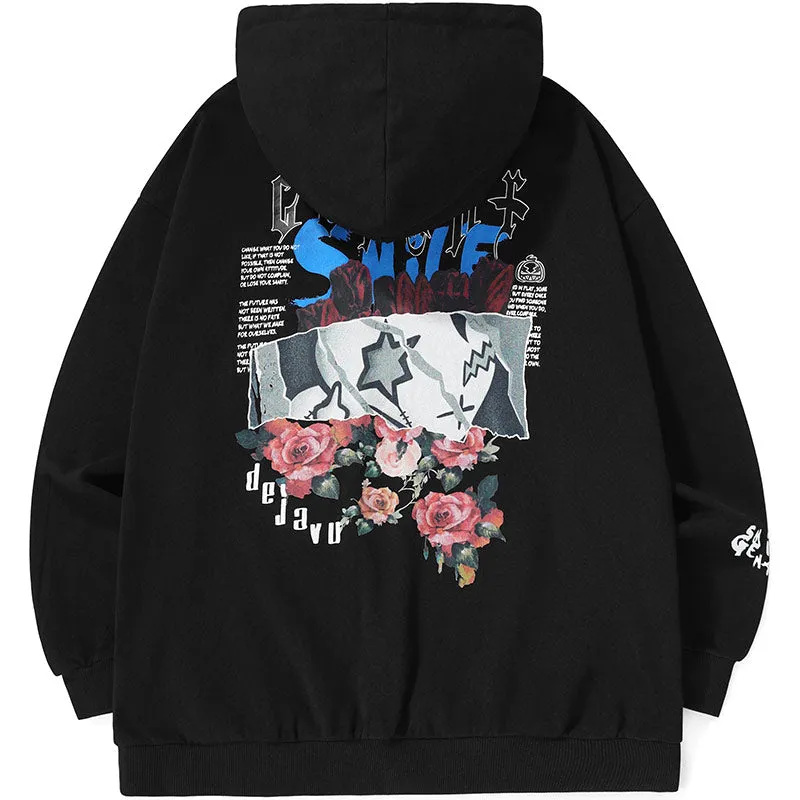 Cartoon Print Pocket Drop-Shoulder Sleeve Hoodies