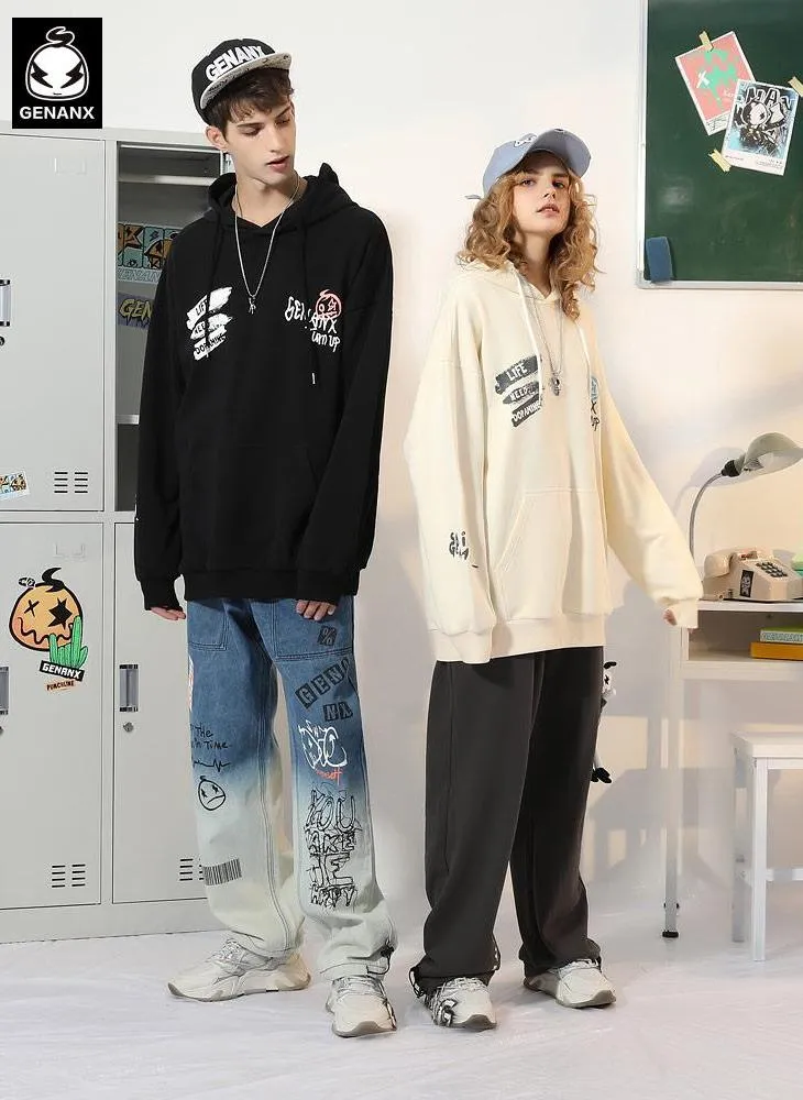 Cartoon Print Pocket Drop-Shoulder Sleeve Hoodies