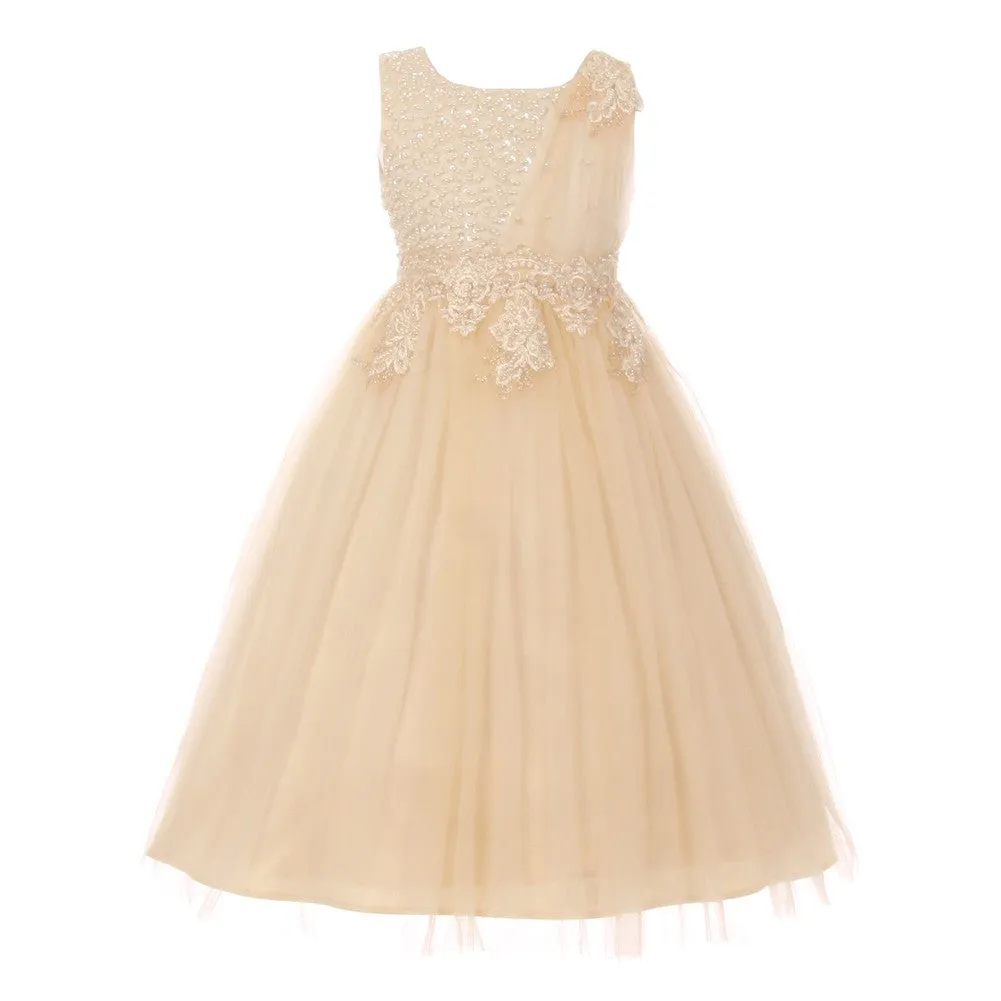 Cream Pearl Bead Coil Lace Satin Tulle Junior Bridesmaid Dress size Big Girls 8-16