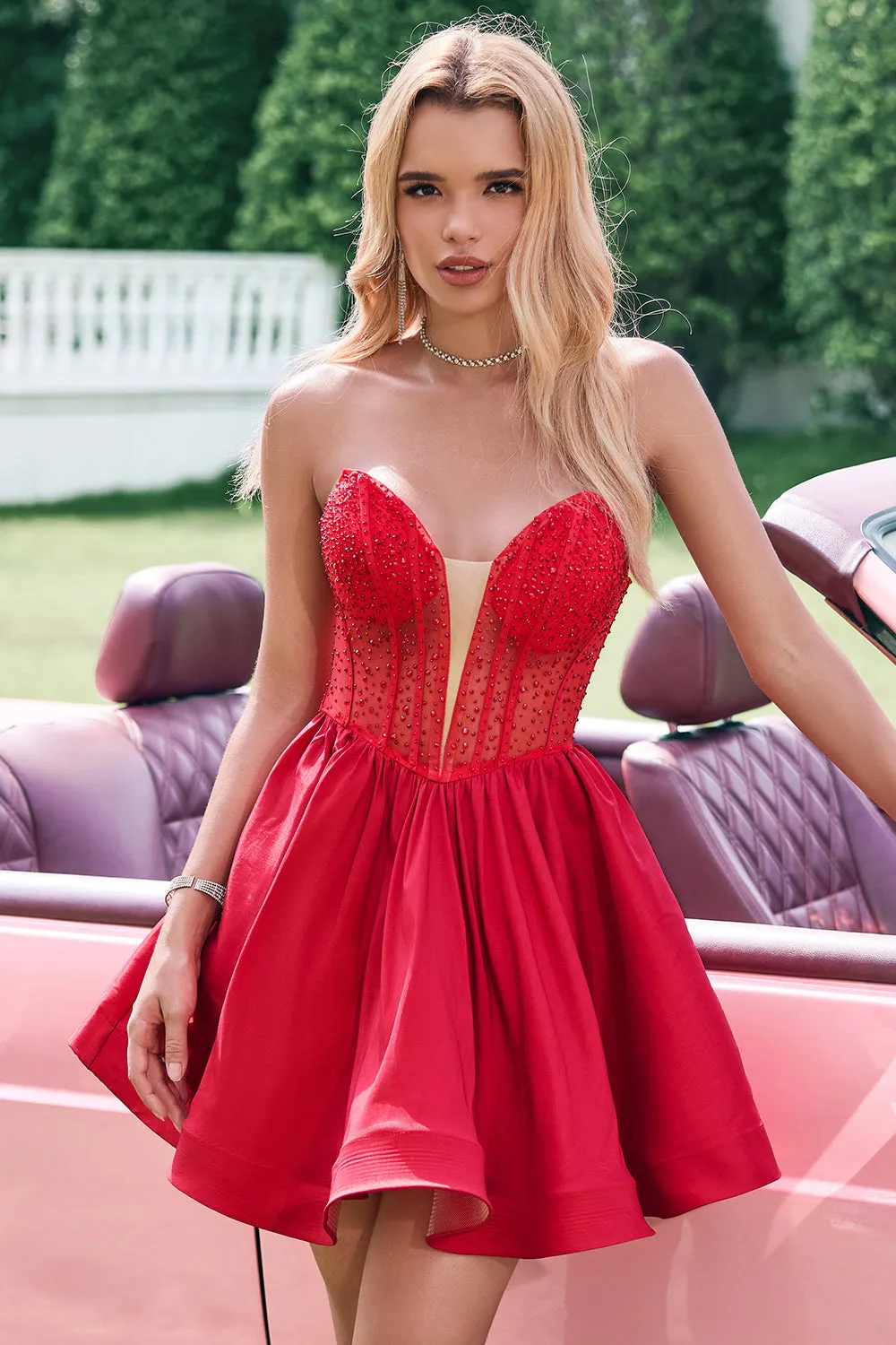 Cute Red Strapless Beaded Corset Pleated A Line Mini Dress