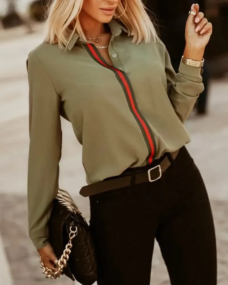 Deanwangkt - Striped Trim Long Sleeve Button Down Shirt