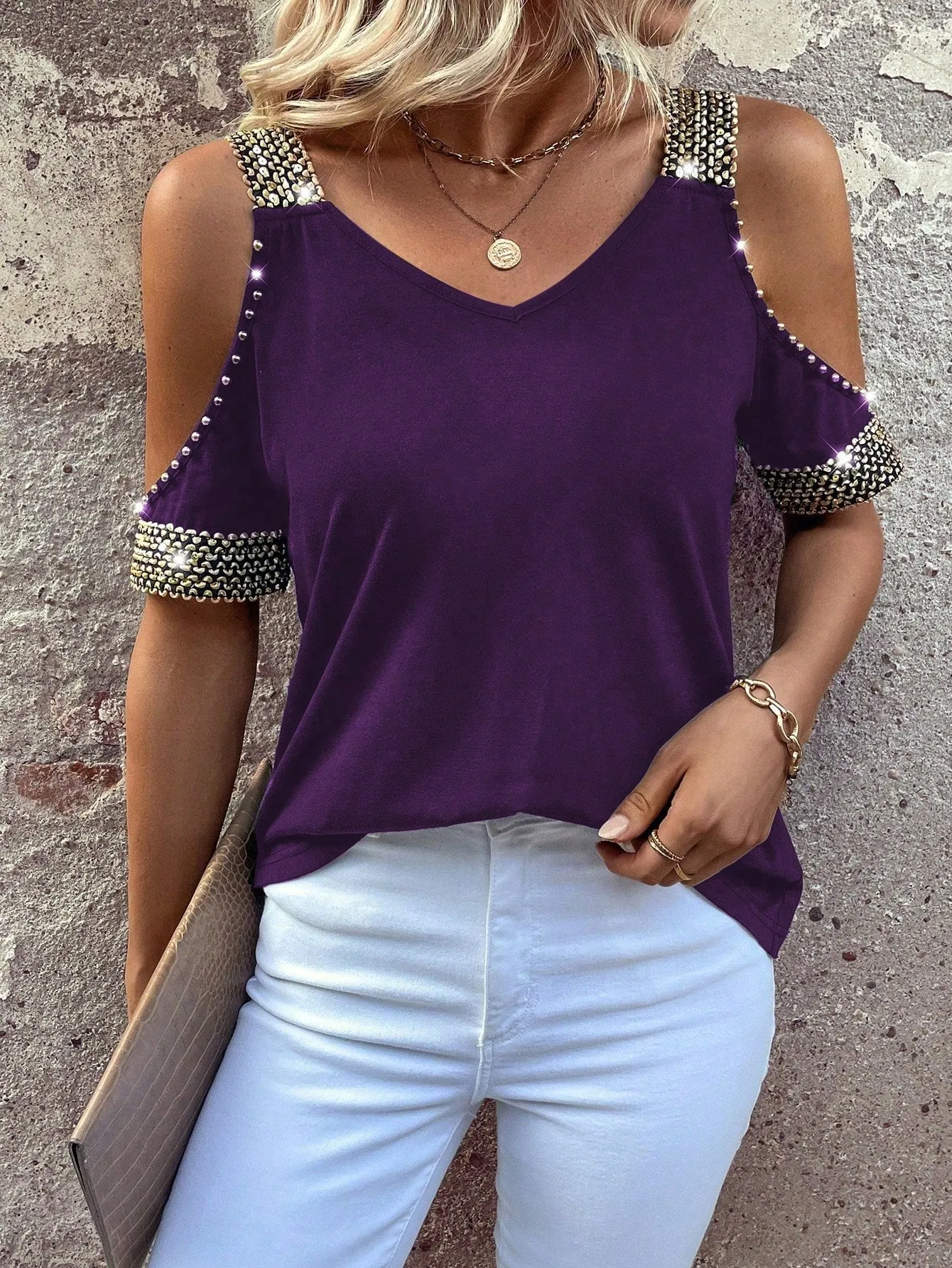 EMERY ROSE Women's Summer Open Shoulder Short Sleeve Casual T-Shirt With Patchwork Band