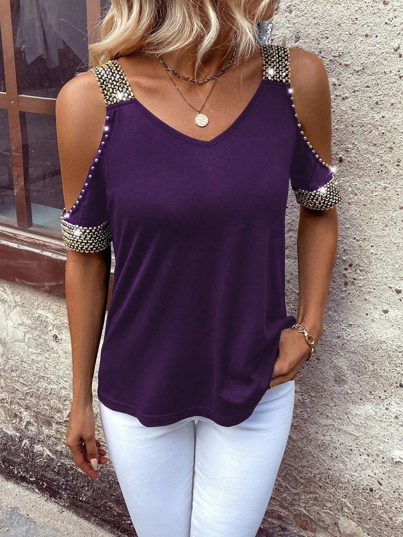 EMERY ROSE Women's Summer Open Shoulder Short Sleeve Casual T-Shirt With Patchwork Band
