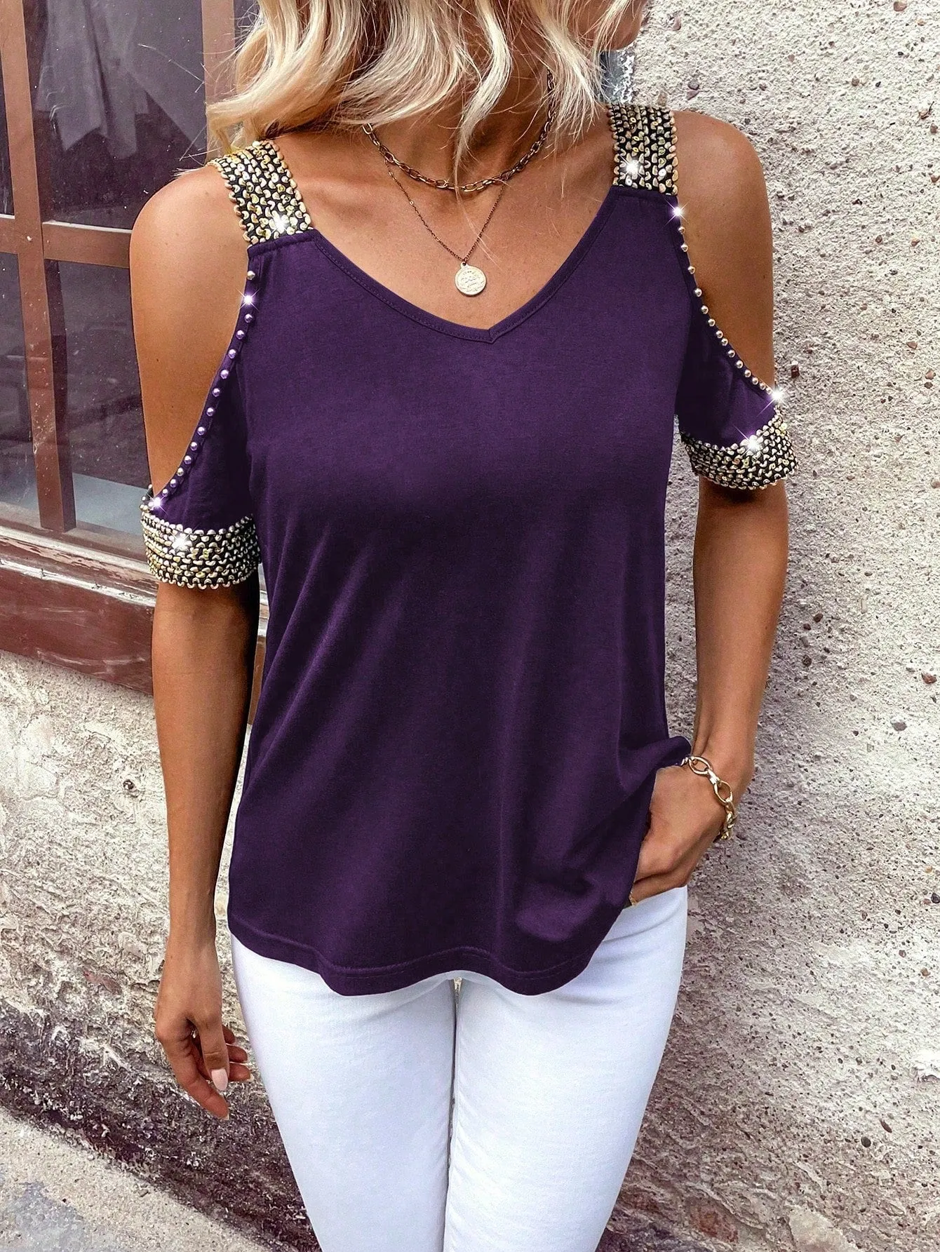EMERY ROSE Women's Summer Open Shoulder Short Sleeve Casual T-Shirt With Patchwork Band