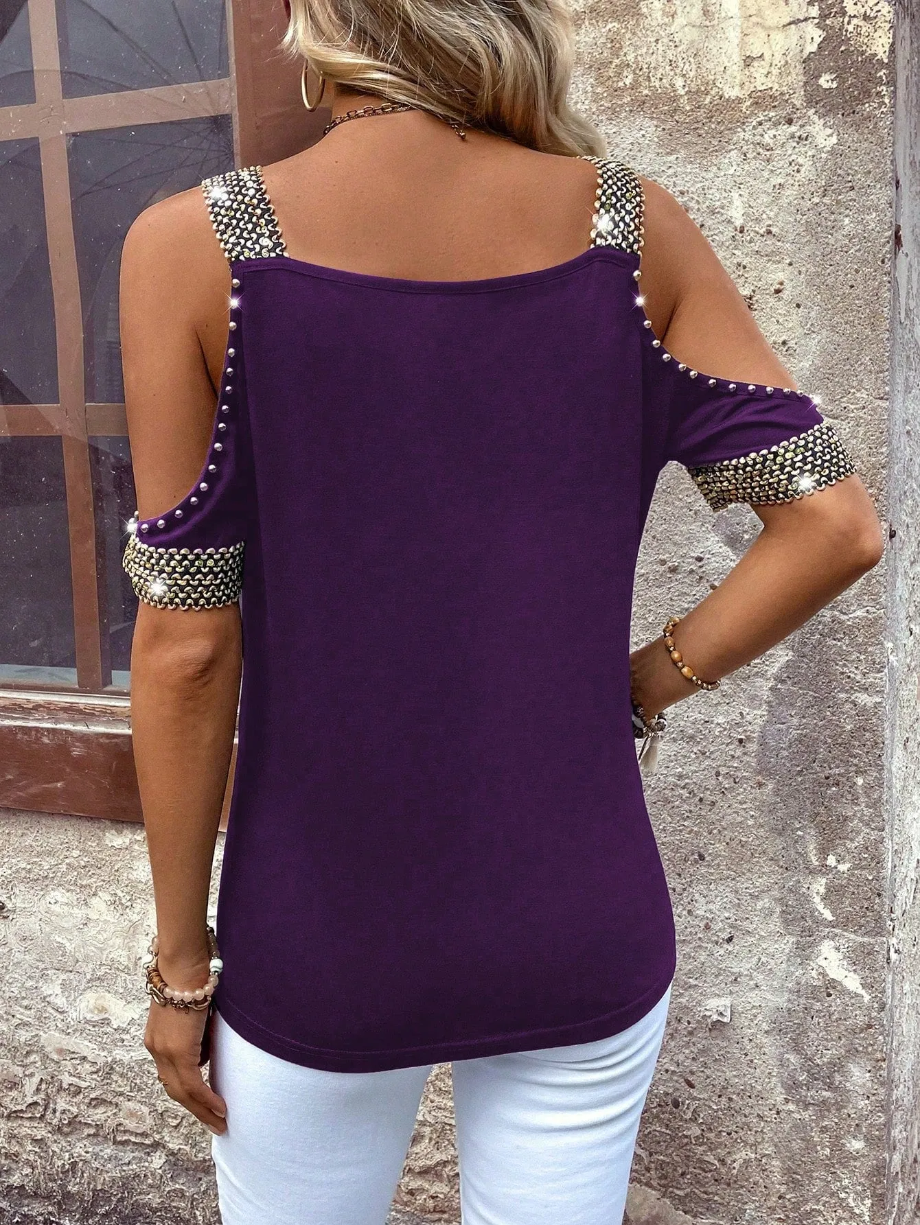 EMERY ROSE Women's Summer Open Shoulder Short Sleeve Casual T-Shirt With Patchwork Band