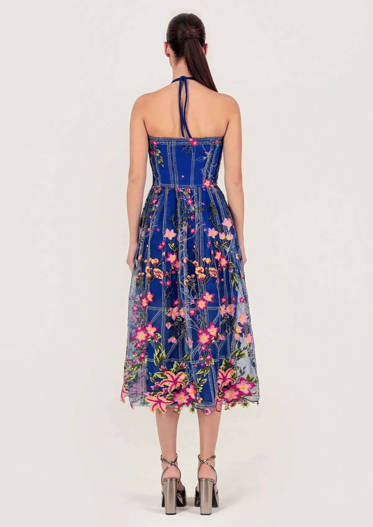 Floral Embroidered Tulle Midi Dress