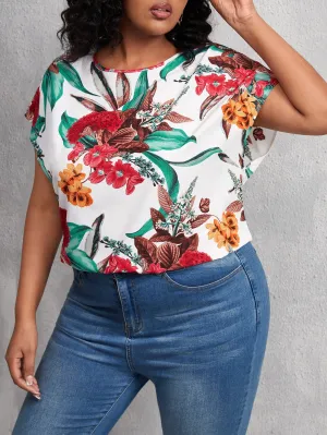 Floral Short Sleeve Round Neck Regular Plus Size Blouse