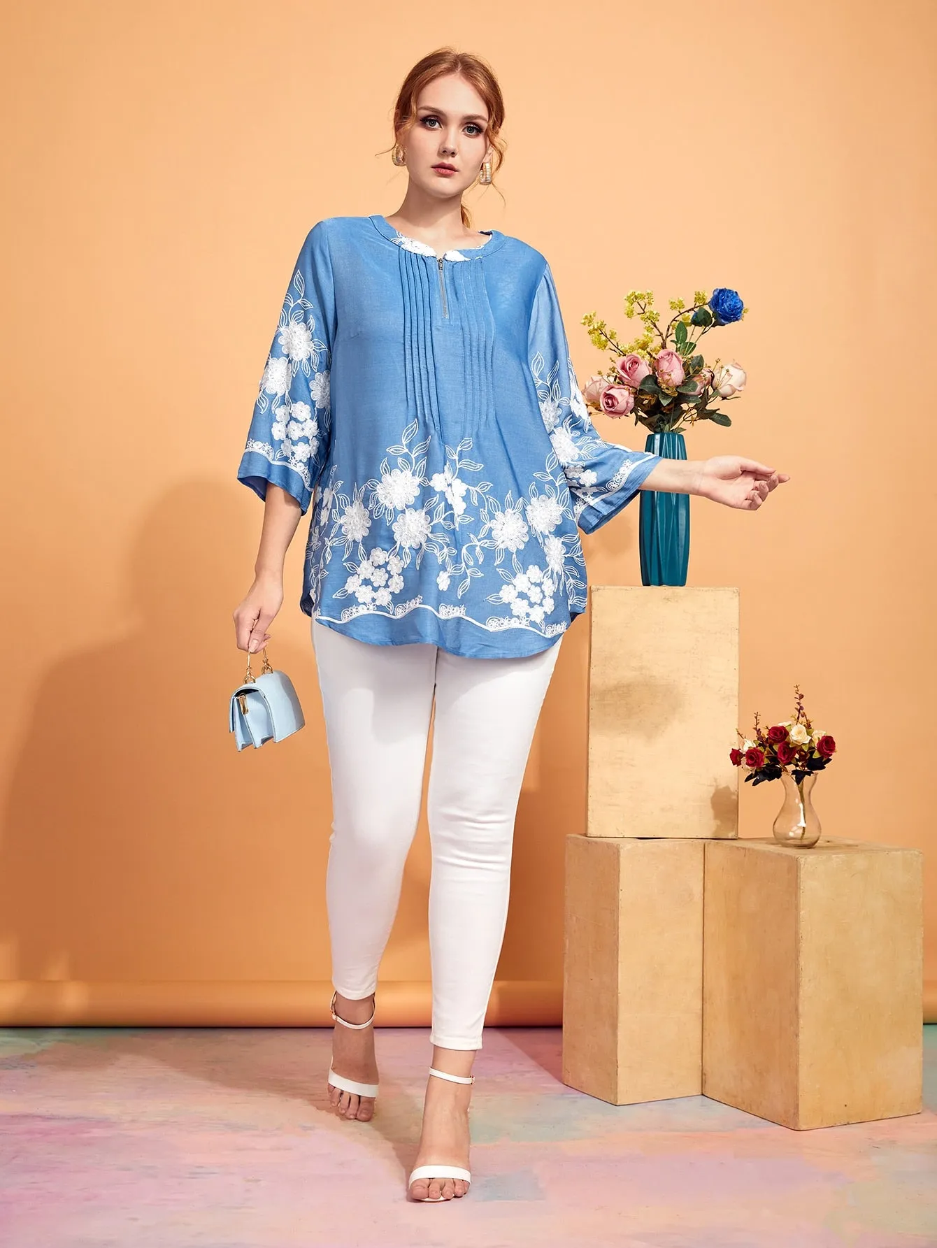 Floral Zipper Three Quarter Length Sleeve Round Neck Long Plus Size Blouse