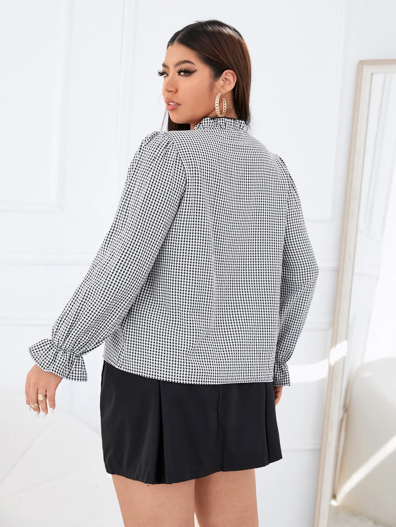 Gingham Frill Long Sleeve V Neck Regular Plus Size Blouse