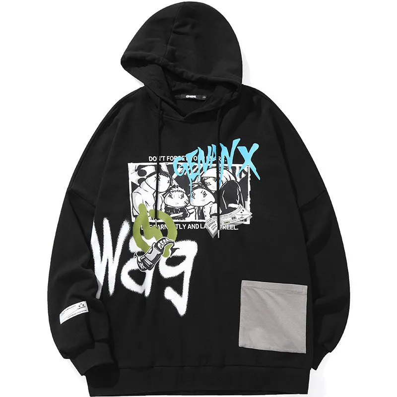 Graffiti Print Pocket Drop-Shoulder Sleeve Hoodies