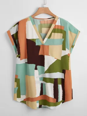 Graphic Cap Sleeve V Neck Regular Plus Size Blouse