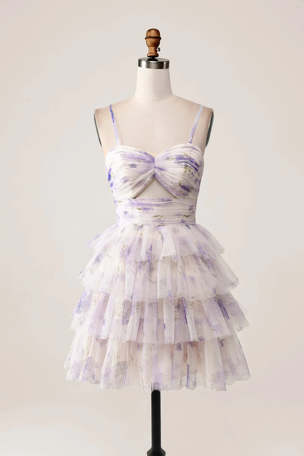 Lavender Flower A-Line Spaghetti Straps Tiered Pleated Mini Dress
