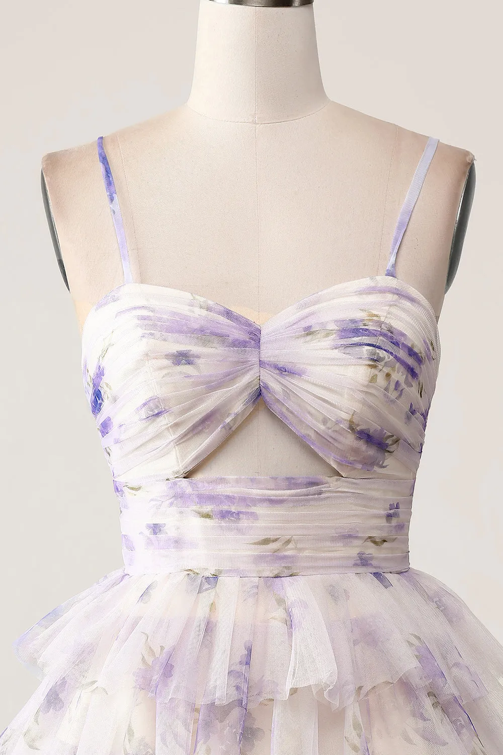 Lavender Flower A-Line Spaghetti Straps Tiered Pleated Mini Dress