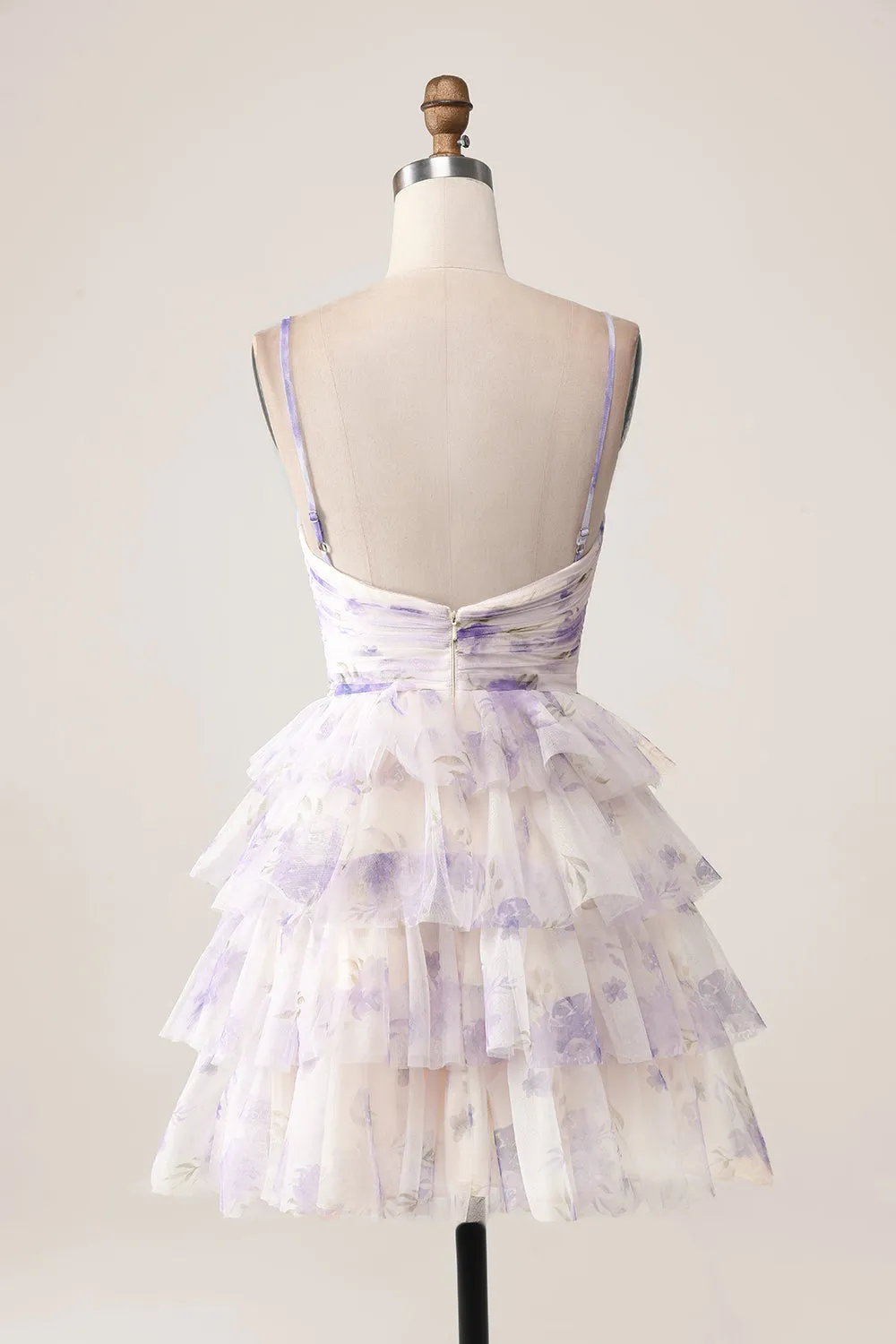 Lavender Flower A-Line Spaghetti Straps Tiered Pleated Mini Dress