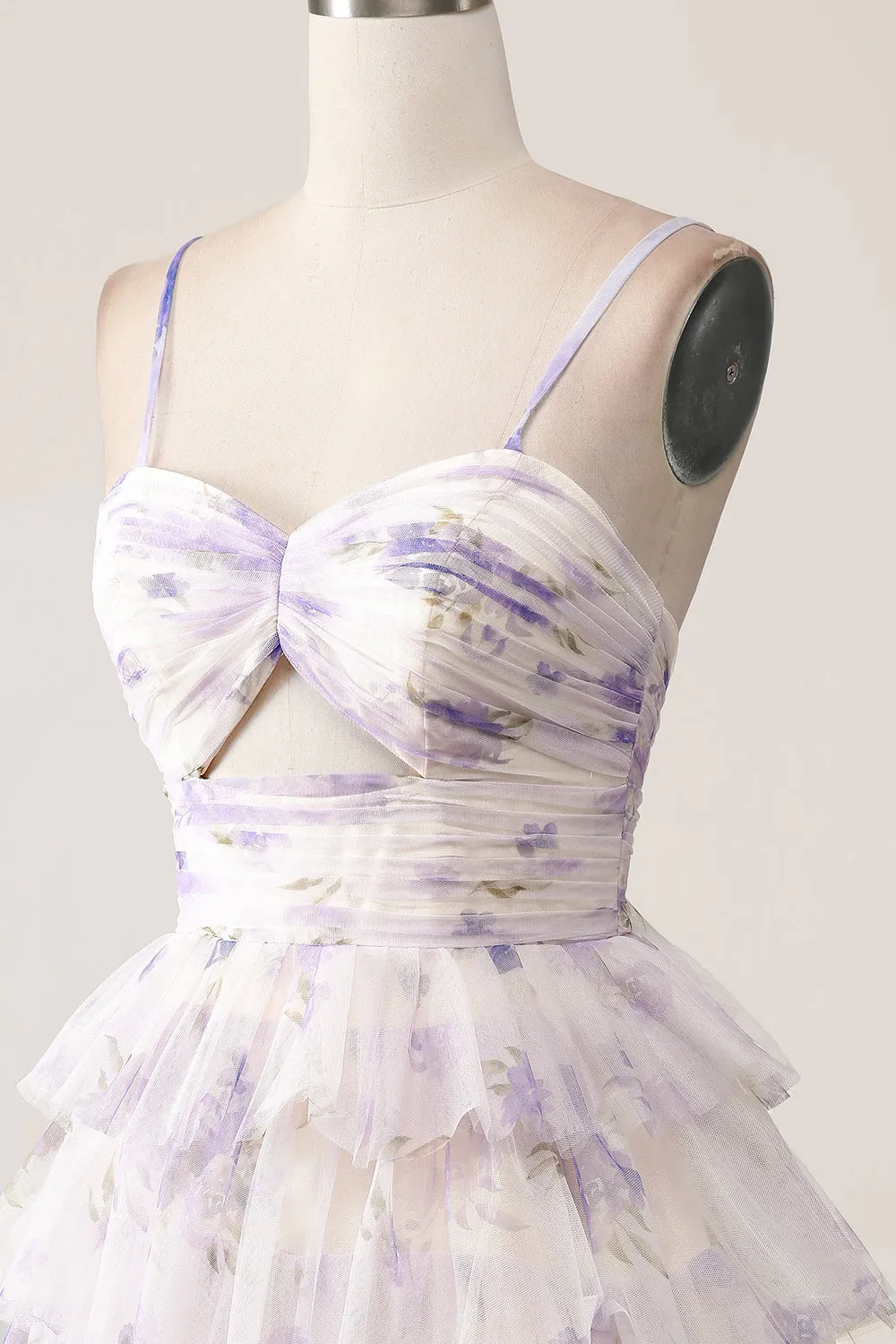 Lavender Flower A-Line Spaghetti Straps Tiered Pleated Mini Dress