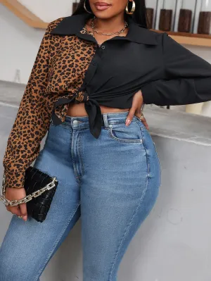 Leopard Button Front Long Sleeve Collar Regular Plus Size Blouse