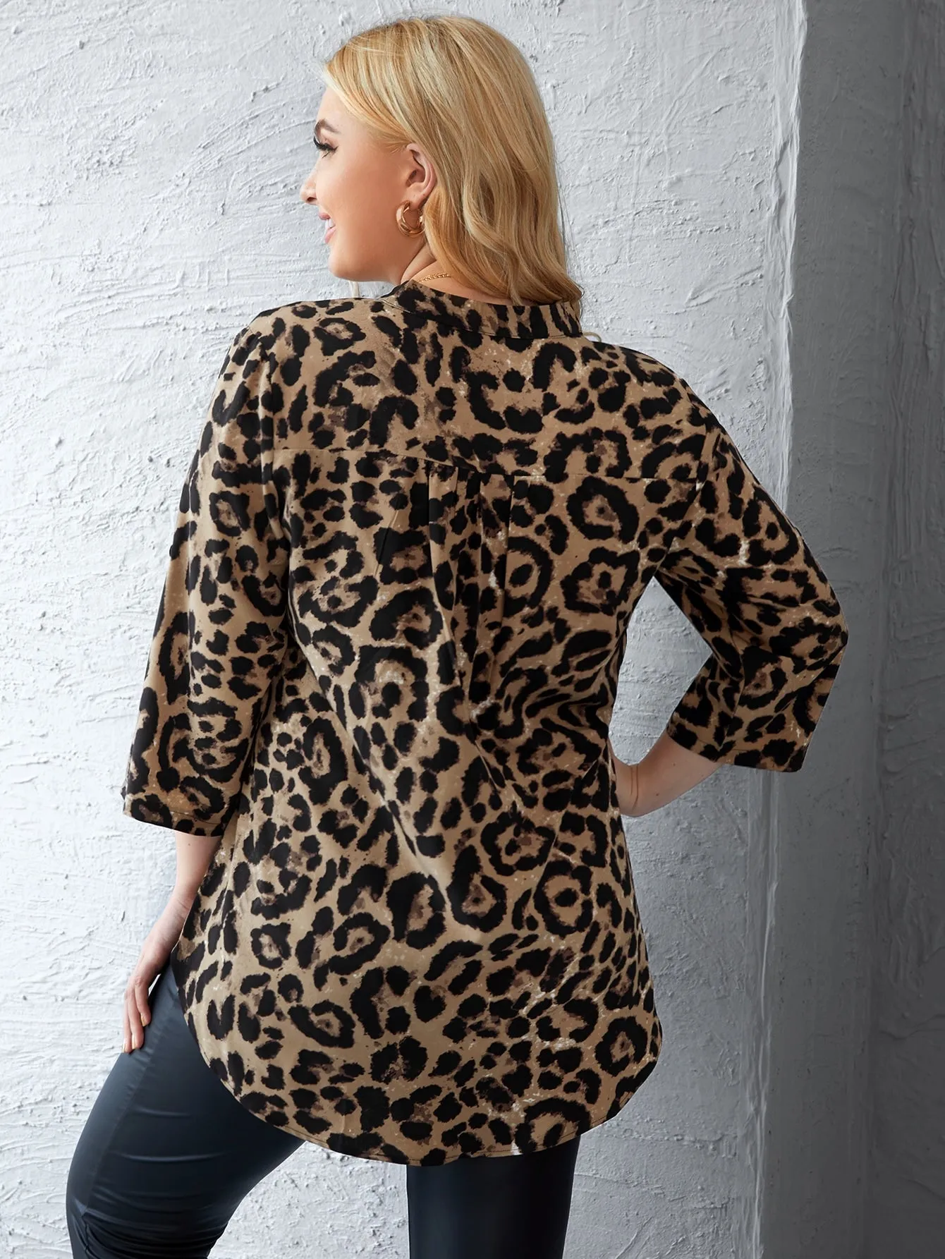 Leopard High Low Three Quarter Length Sleeve Notched Long Plus Size Blouse