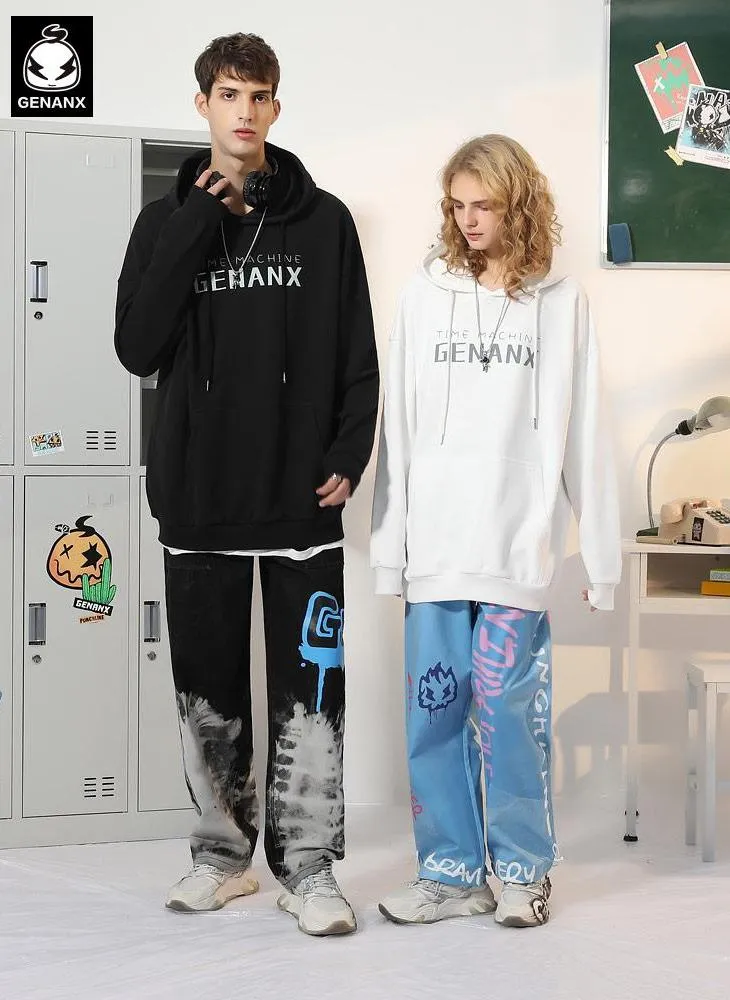 Letter Print Kangaroo Pocket Drop-Shoulder Sleeve Hoodies