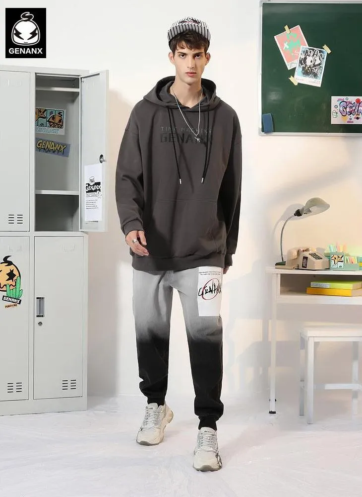 Letter Print Kangaroo Pocket Drop-Shoulder Sleeve Hoodies