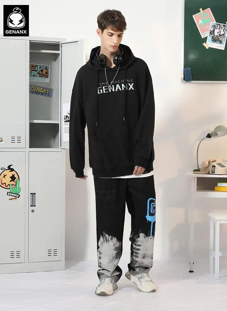 Letter Print Kangaroo Pocket Drop-Shoulder Sleeve Hoodies