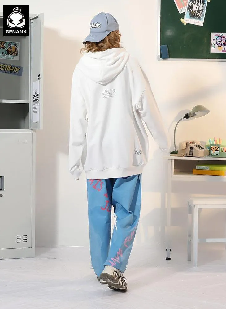 Letter Print Kangaroo Pocket Drop-Shoulder Sleeve Hoodies